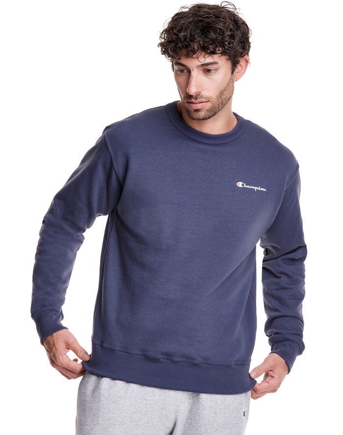 Champion Mens Sweatshirt NZ - Powerblend Fleece Crew Script Logo Blue ( 5924-JAVSH )